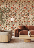Folk Meadow Floral Wallpaper : Red Poppy and Woodland Animal Mural