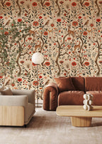 Folk Meadow Floral Wallpaper : Red Poppy and Woodland Animal Mural