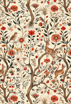 Folk Meadow Floral Wallpaper : Red Poppy and Woodland Animal Mural - View 2