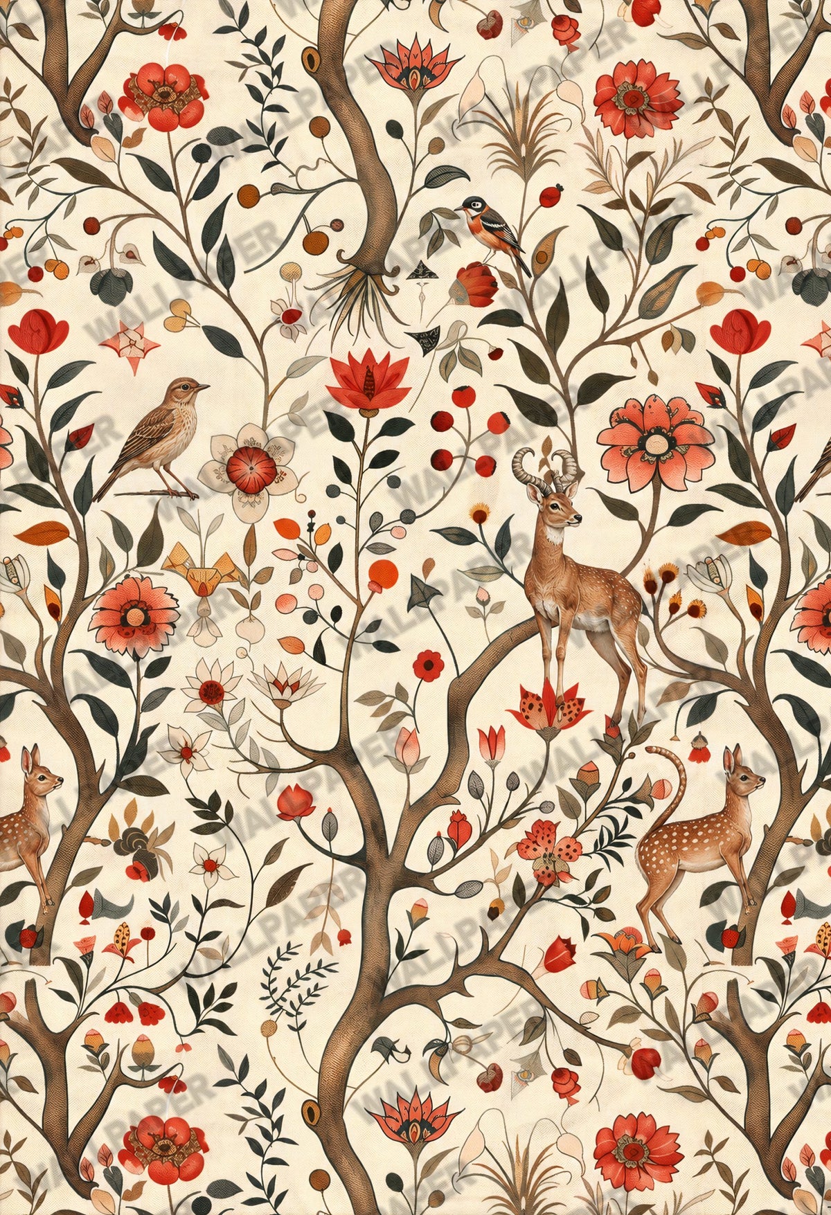 Folk Meadow Floral Wallpaper : Red Poppy and Woodland Animal Mural - View 2