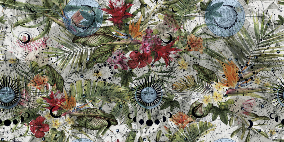 Retro Botanical Wallpaper : Geometric Flower Sunburst Mural - View 3