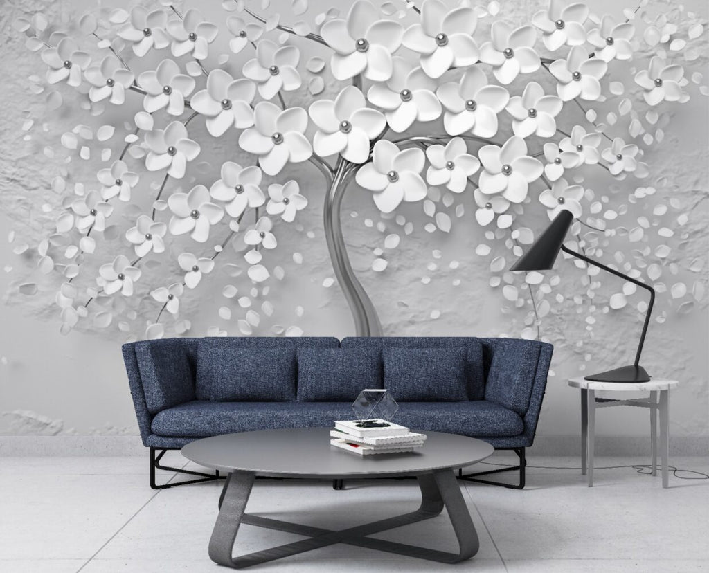 Grey Blossom Tree Wallpaper : 3D White Flower Mural - View 3