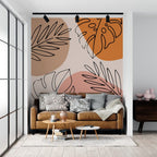 Orange Boho Leaf Wallpaper : Line Art Terracotta Shapes Mural
