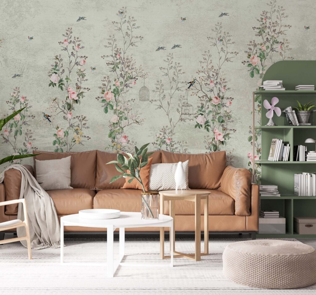 Birds On Blossom Wallpaper : Pale Rose Branch Mural
