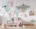 Kids World Map Wallpaper : Soft Pastel Animal Atlas Mural