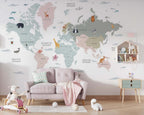 Kids World Map Wallpaper : Soft Pastel Animal Atlas Mural