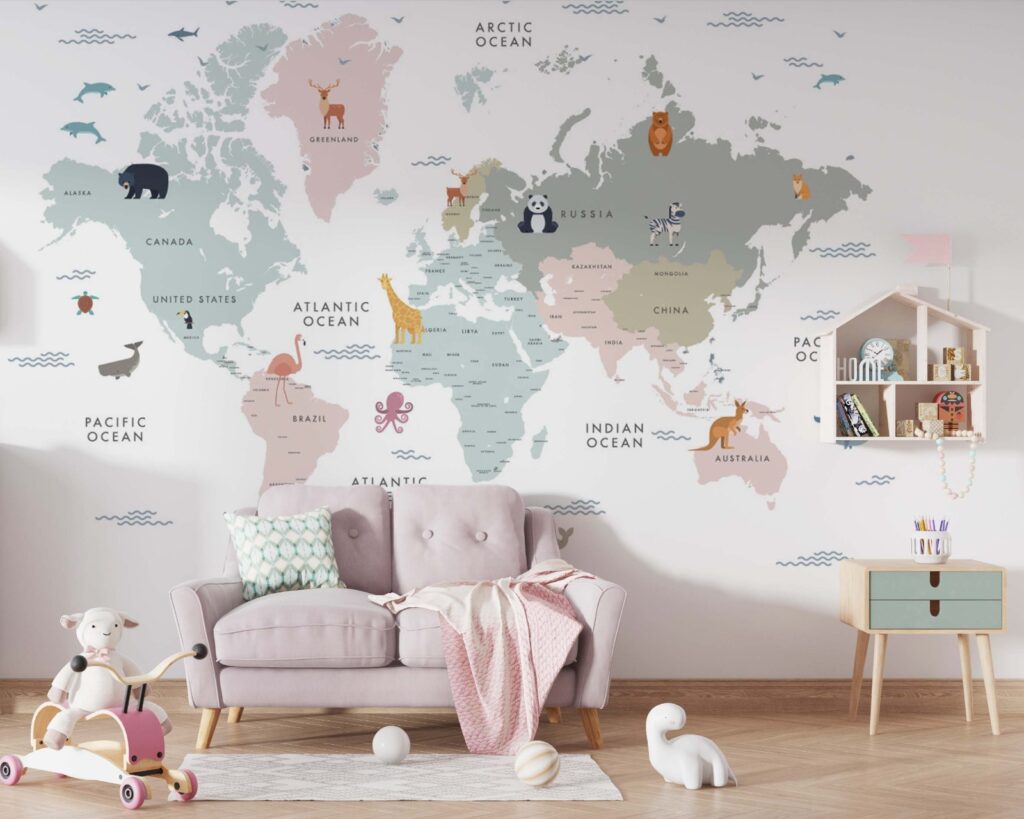 Kids World Map Wallpaper : Soft Pastel Animal Atlas Mural