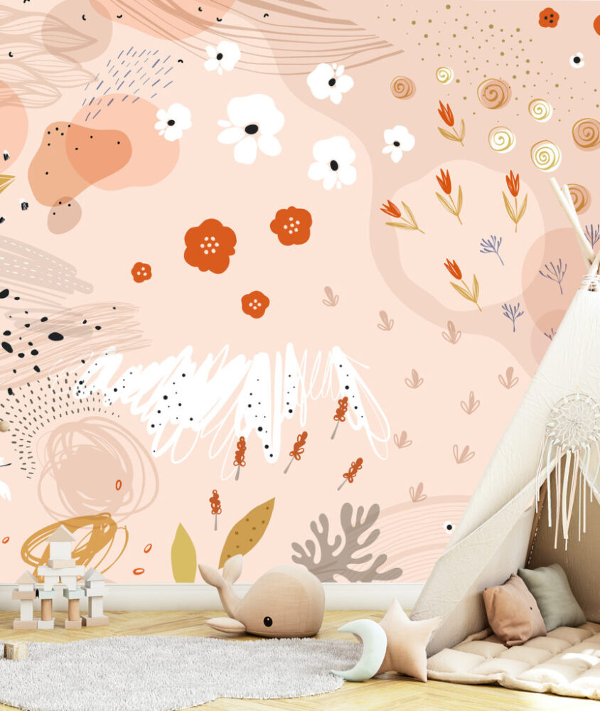 Peach Abstract Floral Wallpaper : Orange Blossom Brushstroke Mural - View 2
