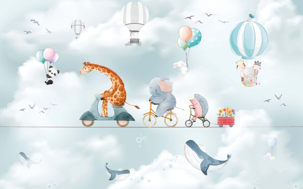 Cycling Giraffe Wallpaper : Animals on Bikes Sky Mural - View 2