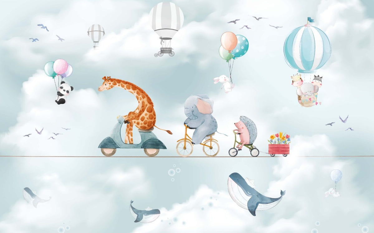Cycling Giraffe Wallpaper : Animals on Bikes Sky Mural - View 2