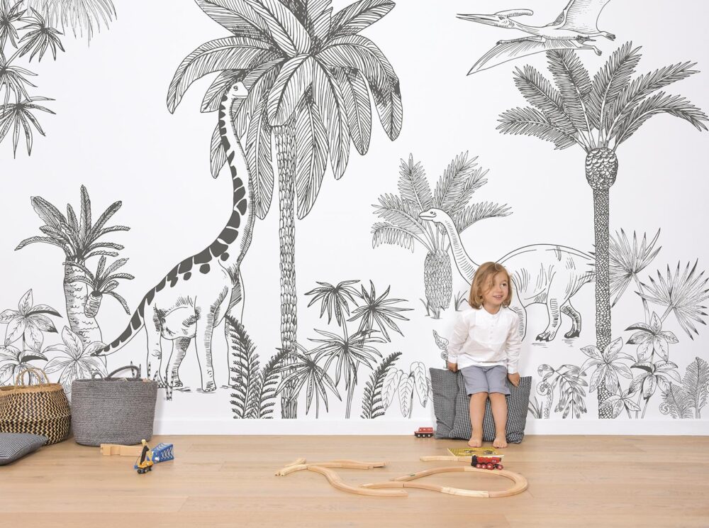 Sketched Dinosaur Wallpaper : Black And White Prehistoric Jungle Mural