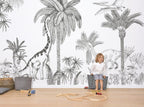 Sketched Dinosaur Wallpaper : Black And White Prehistoric Jungle Mural