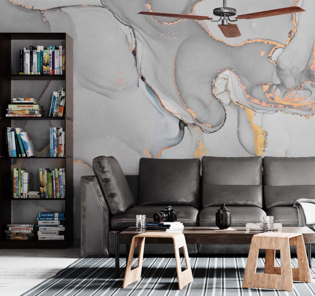 Pale Grey Marble Wallpaper : Soft Gold Vein Alcohol Ink Mural - View 2
