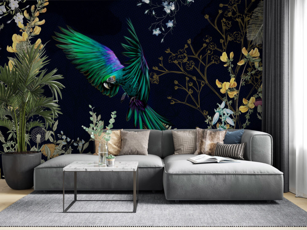 Emerald Parrot Night Wallpaper : Dark Botanical Bird Mural - View 3