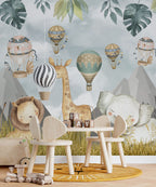 Hot Air Balloon Safari Wallpaper : Cute Animal Kids Mural - View 4