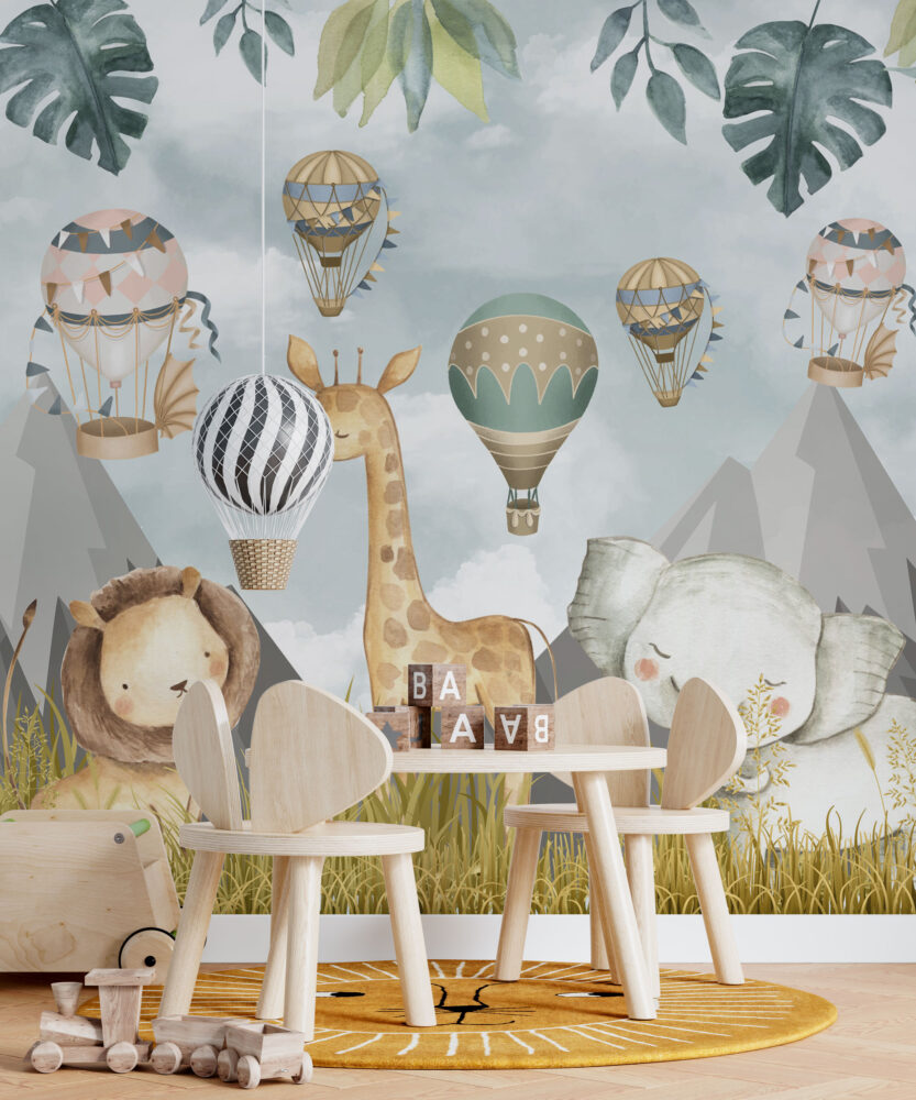 Hot Air Balloon Safari Wallpaper : Cute Animal Kids Mural - View 4