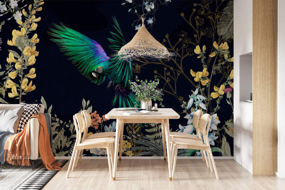 Emerald Parrot Night Wallpaper : Dark Botanical Bird Mural - View 4