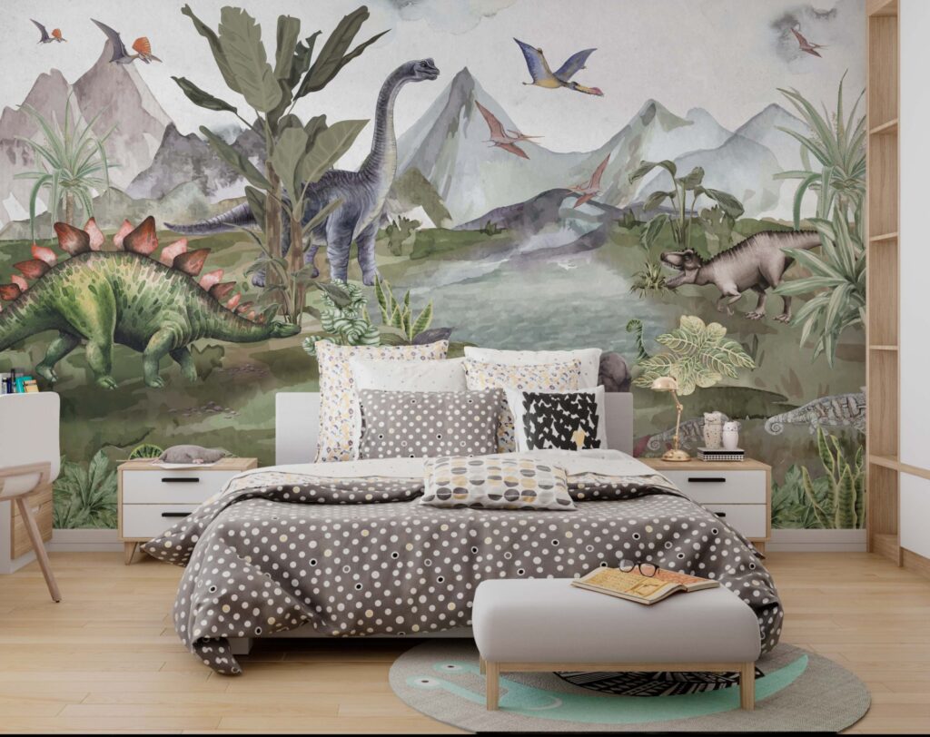 Lakeside Dinosaurs Wallpaper : Watercolor Prehistoric Mural - View 3