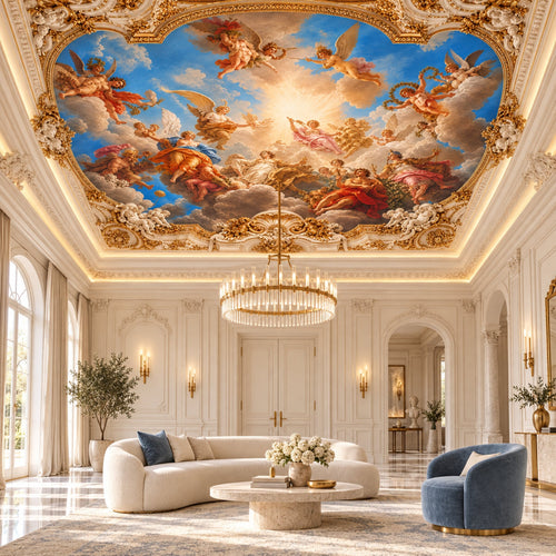 Baroque angel ceiling mural wallpaper in a bright white salon with a gold chandelier