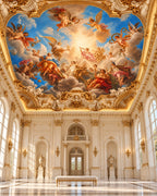 Trompe l'oeil sky fresco ceiling wallpaper in a grand hall with arched windows