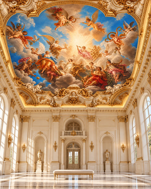 Trompe l'oeil sky fresco ceiling wallpaper in a grand hall with arched windows