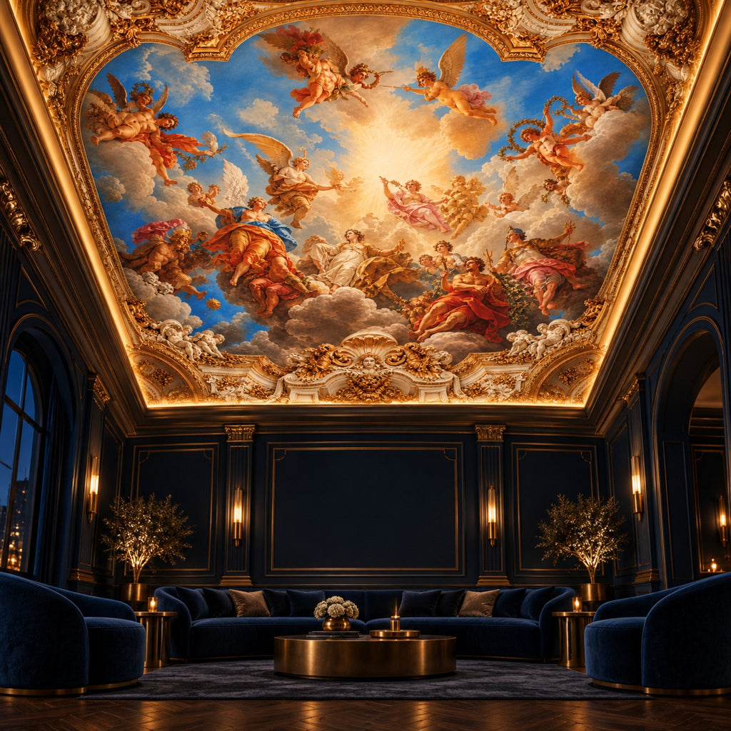Baroque ceiling mural wallpaper in a navy and gold lounge at night