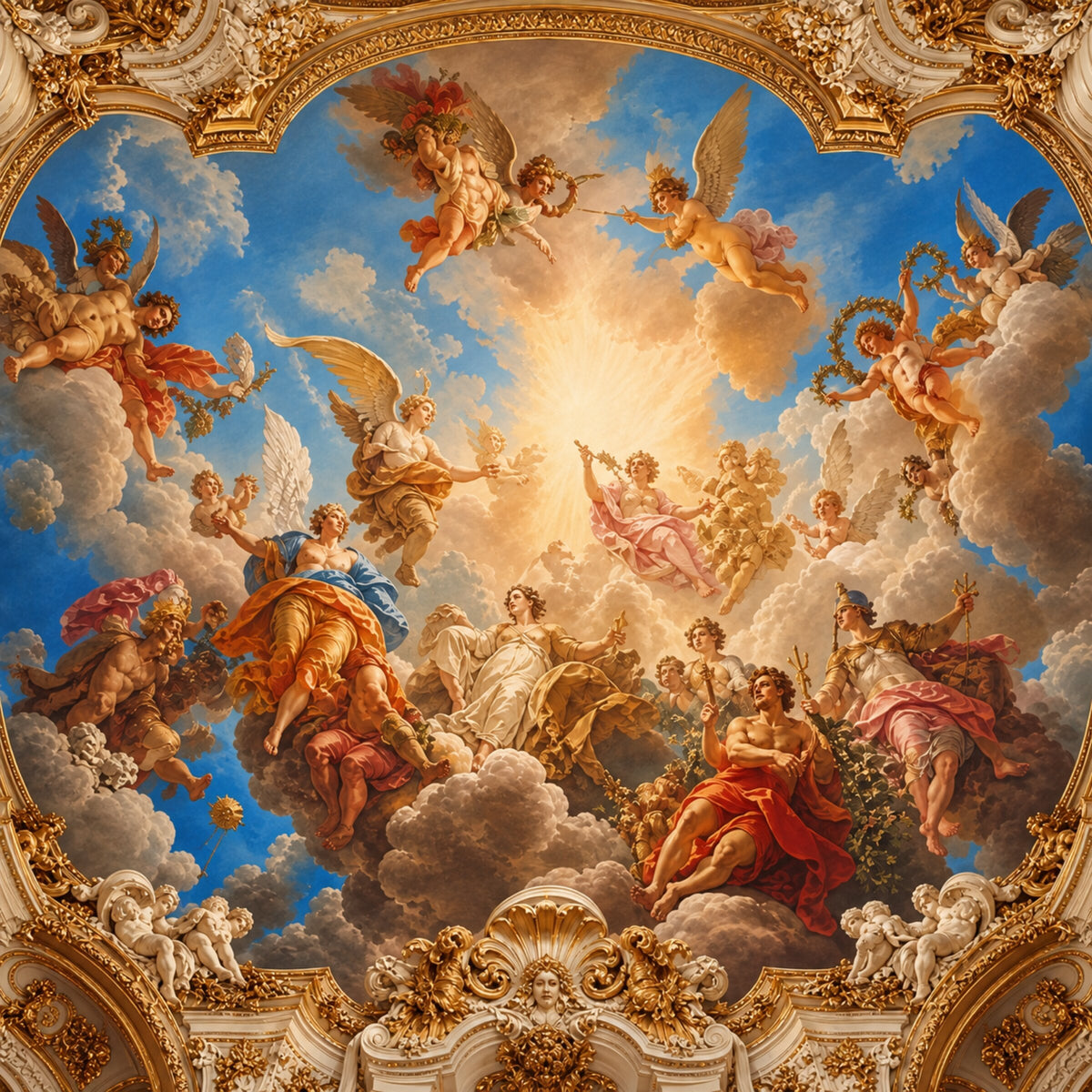 Close-up of the baroque angel sky fresco wallpaper design