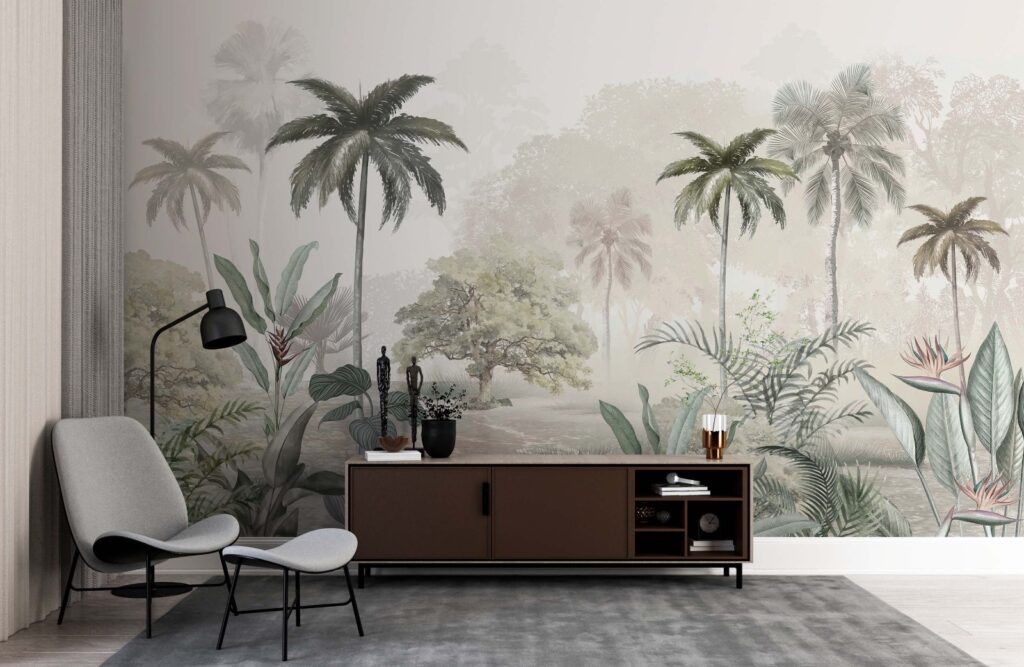Misty Tropical Garden Wallpaper : Soft Palm and Oak Landscape Mural
