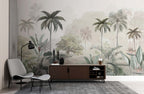 Misty Tropical Garden Wallpaper : Soft Palm and Oak Landscape Mural