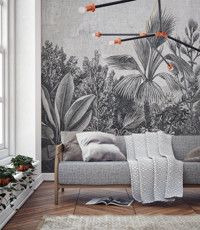 Black and White Palm Wallpaper : Engraved Tropical Flower Mural