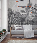Black and White Palm Wallpaper : Engraved Tropical Flower Mural