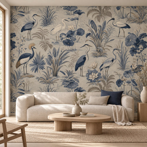 Blue heron chinoiserie wallpaper mural in a japandi living room with a linen sofa