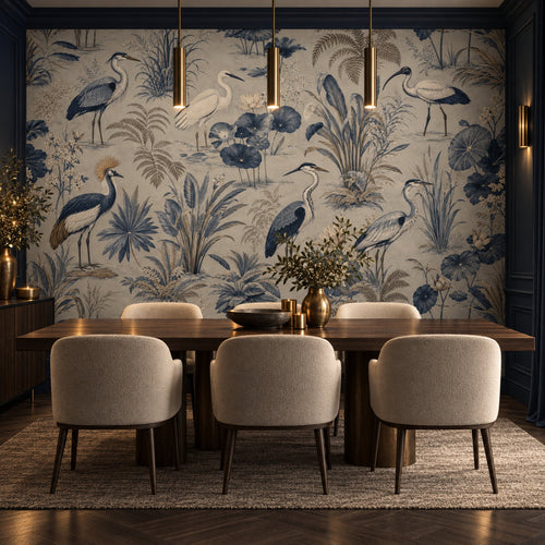 Indigo wetland birds wallpaper mural in a navy dining room with brass pendants