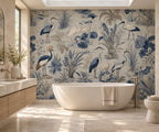 Blue heron chinoiserie wallpaper in a spa bathroom with a freestanding stone bath