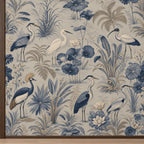 Close-up of the indigo heron, crane and lotus chinoiserie wallpaper design