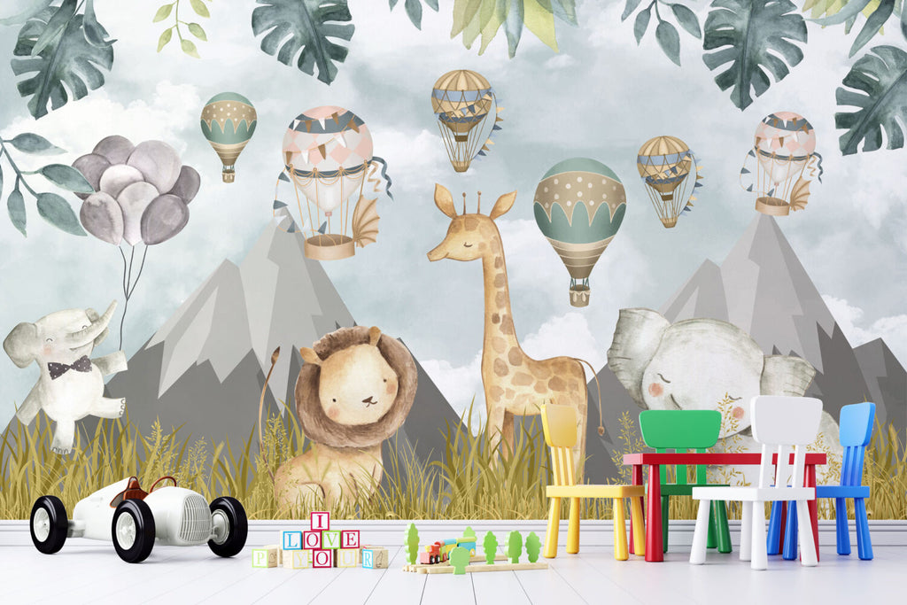 Hot Air Balloon Safari Wallpaper : Cute Animal Kids Mural - View 3