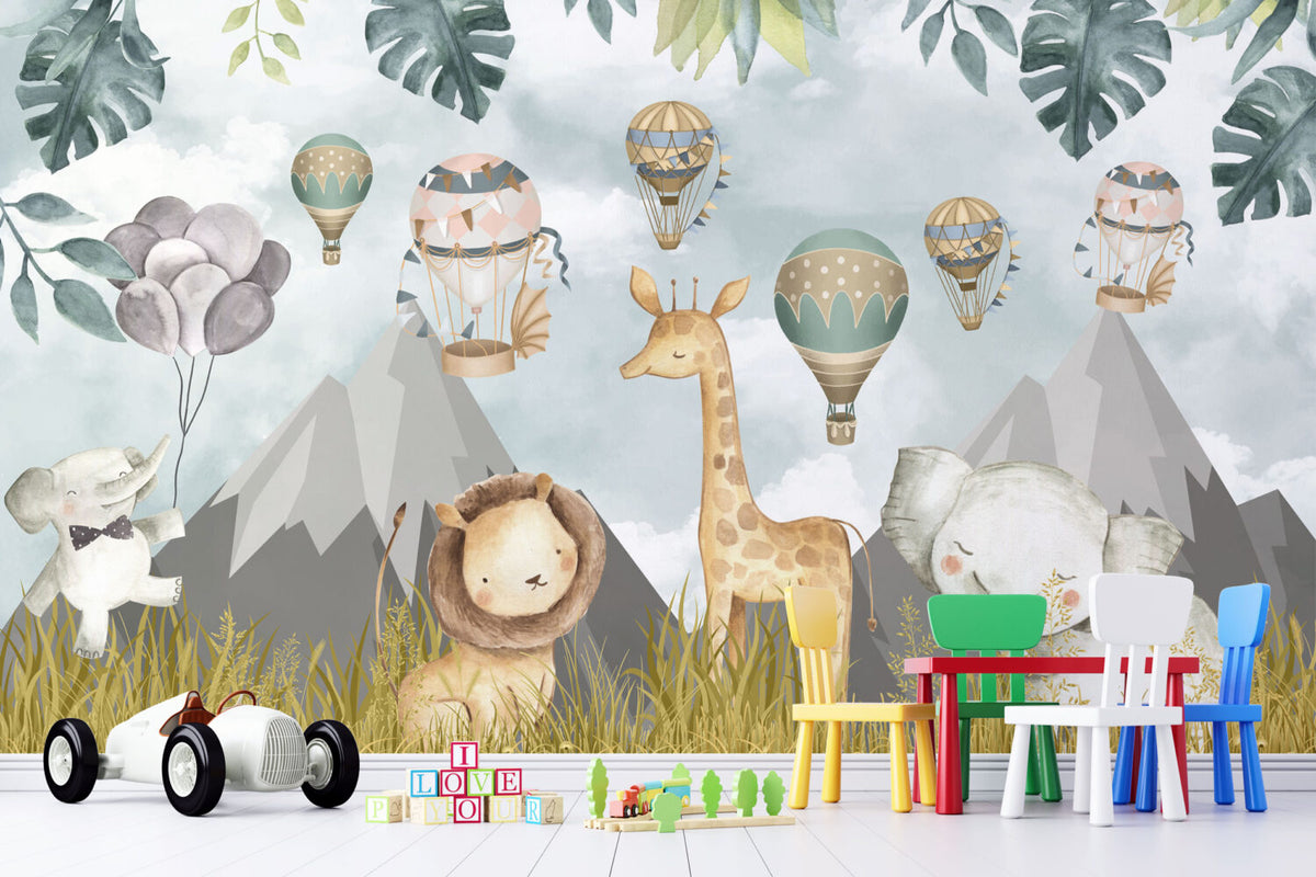 Hot Air Balloon Safari Wallpaper : Cute Animal Kids Mural - View 3