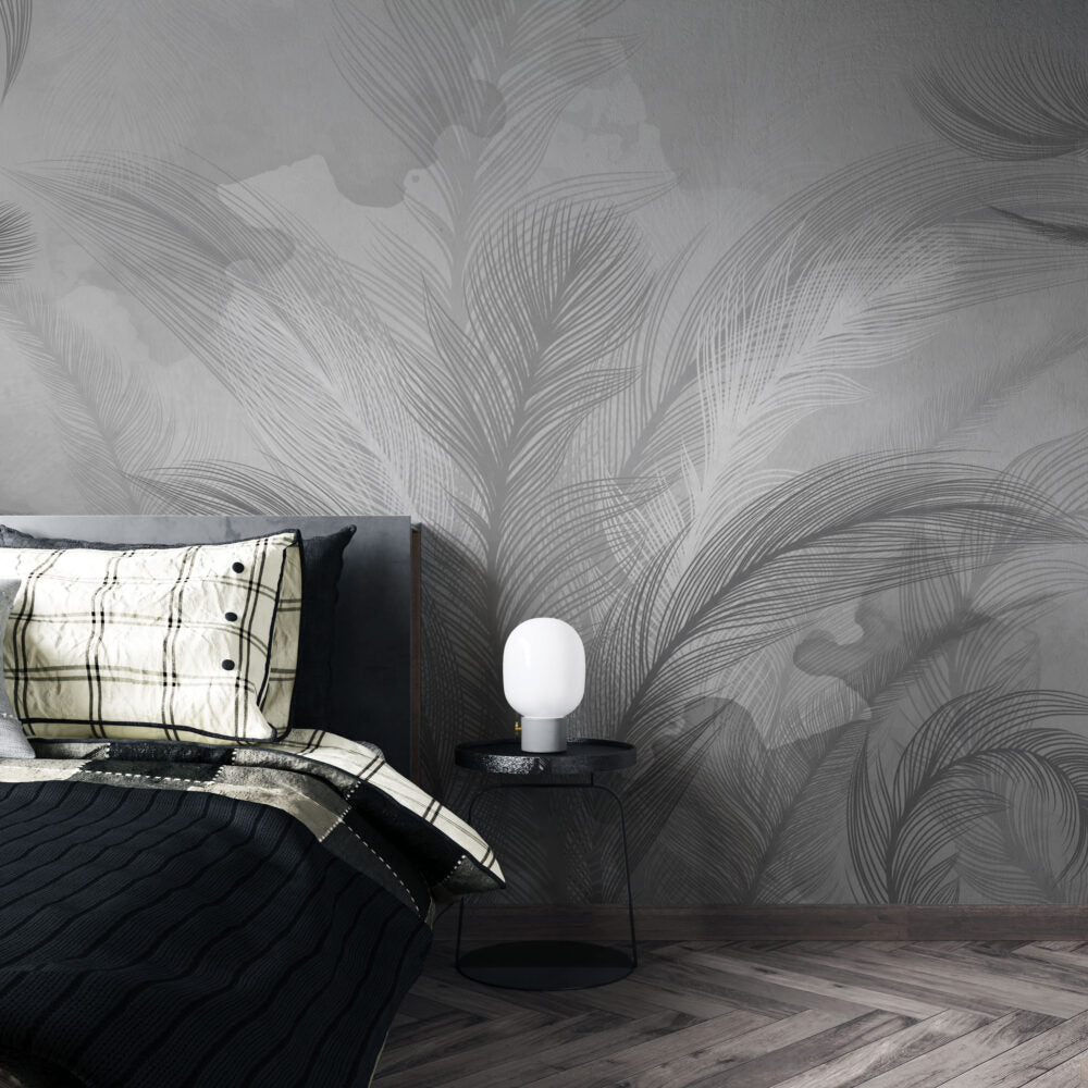 Grey Feather Palm Wallpaper : Soft Monochrome Leaf Mural