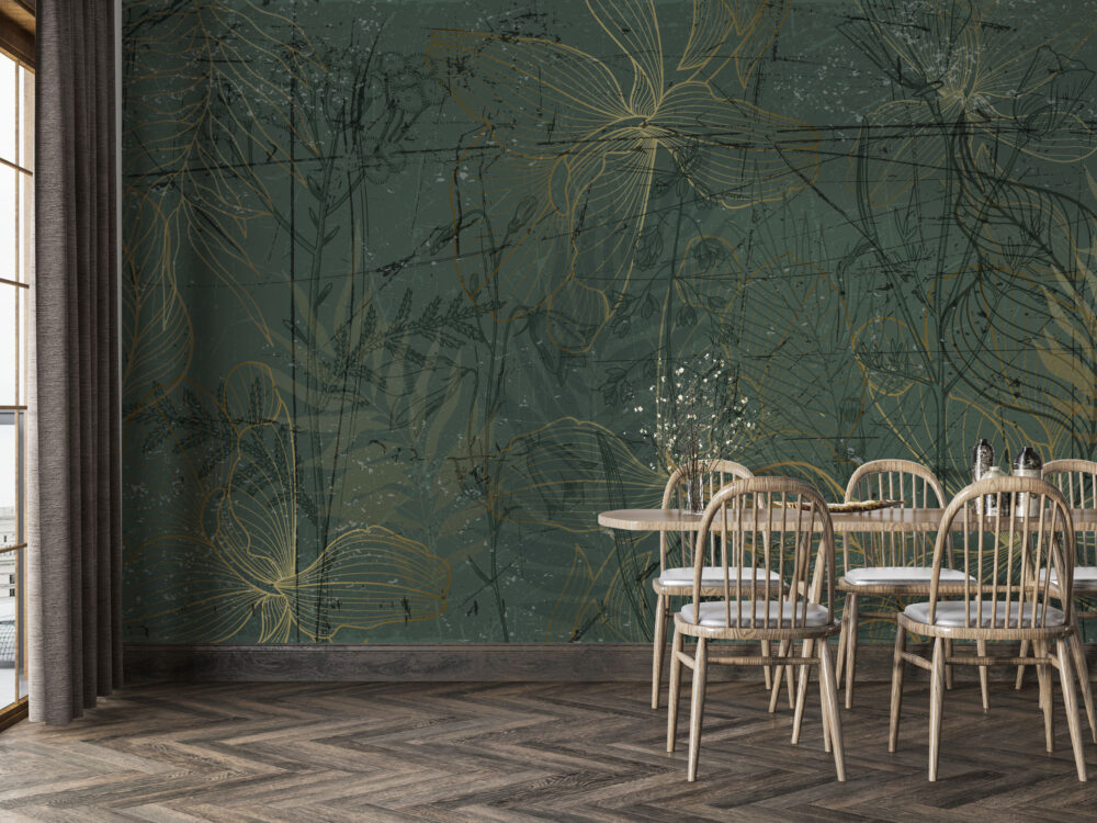 Dark Green Leaf Outline Wallpaper : Gold Line Botanical Mural