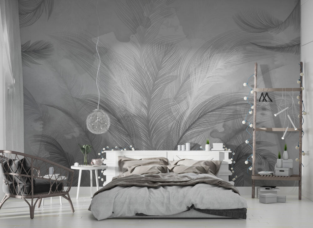 Grey Feather Palm Wallpaper : Soft Monochrome Leaf Mural - View 3