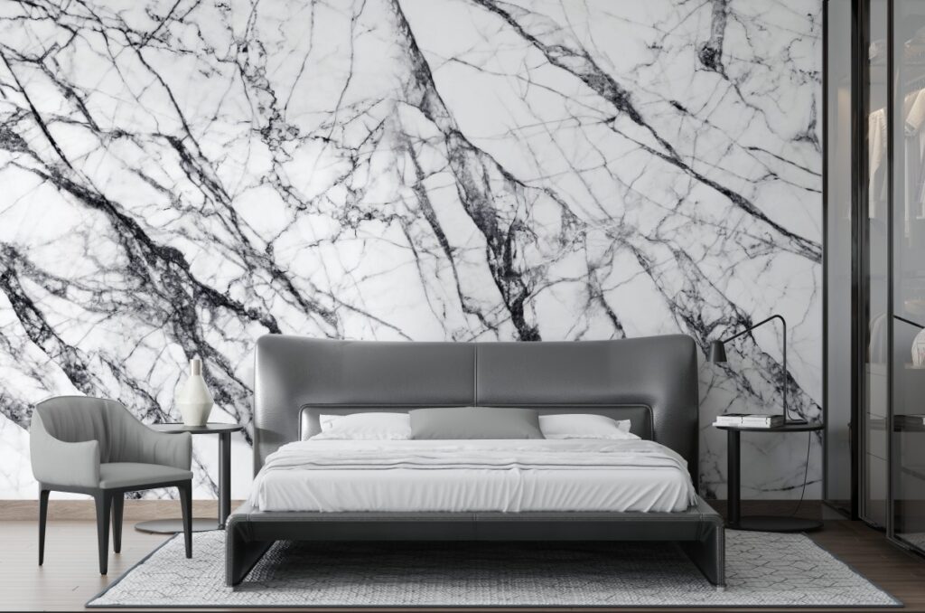 White Marble Wallpaper : Black Veined Stone Mural