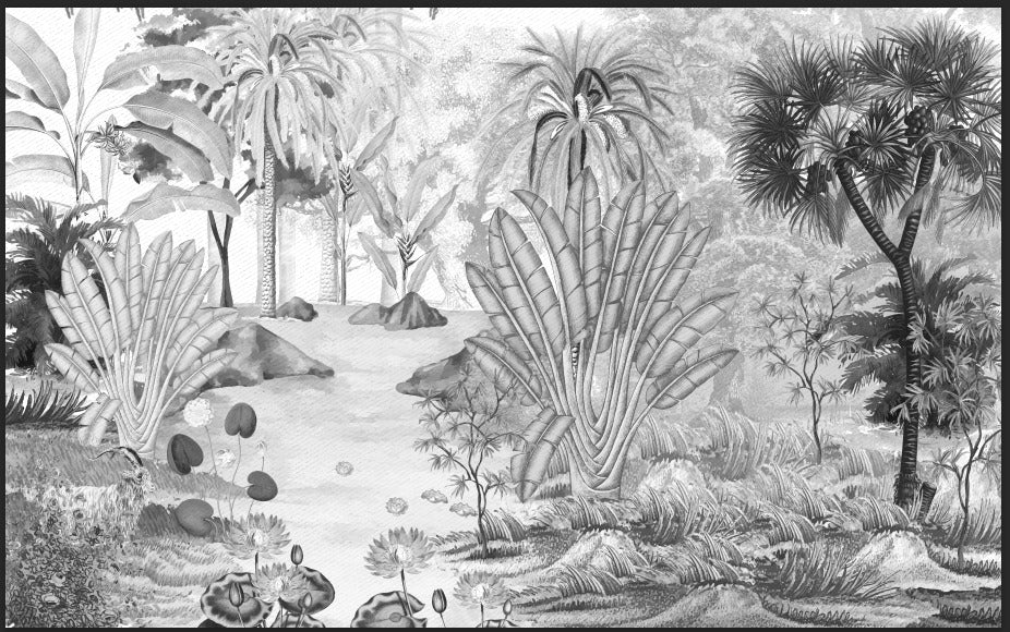 Grey Sketch Tropical Wallpaper : Monochrome Banana Leaf Landscape Mural - View 2