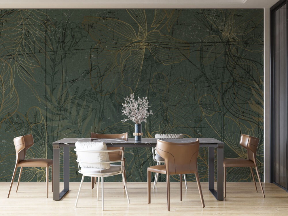 Dark Green Leaf Outline Wallpaper : Gold Line Botanical Mural - View 3