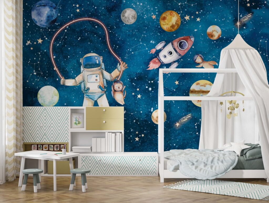 Space Explorer Kids Wallpaper : Astronaut Animals and Rockets Mural