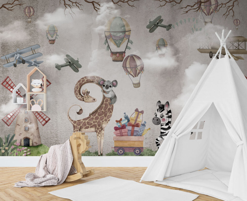 Airplane Balloon Animals Wallpaper : Vintage Sky Kids Mural