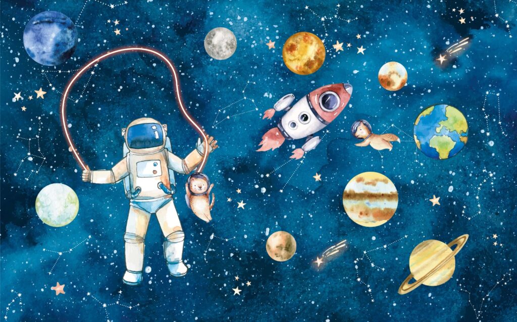 Space Explorer Kids Wallpaper : Astronaut Animals and Rockets Mural - View 2
