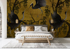 Mustard Heron Branch Wallpaper : Gold Chinoiserie Birds Mural - View 3