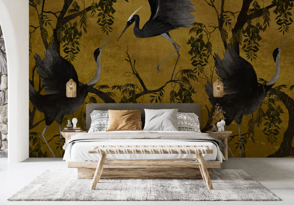 Mustard Heron Branch Wallpaper : Gold Chinoiserie Birds Mural - View 3