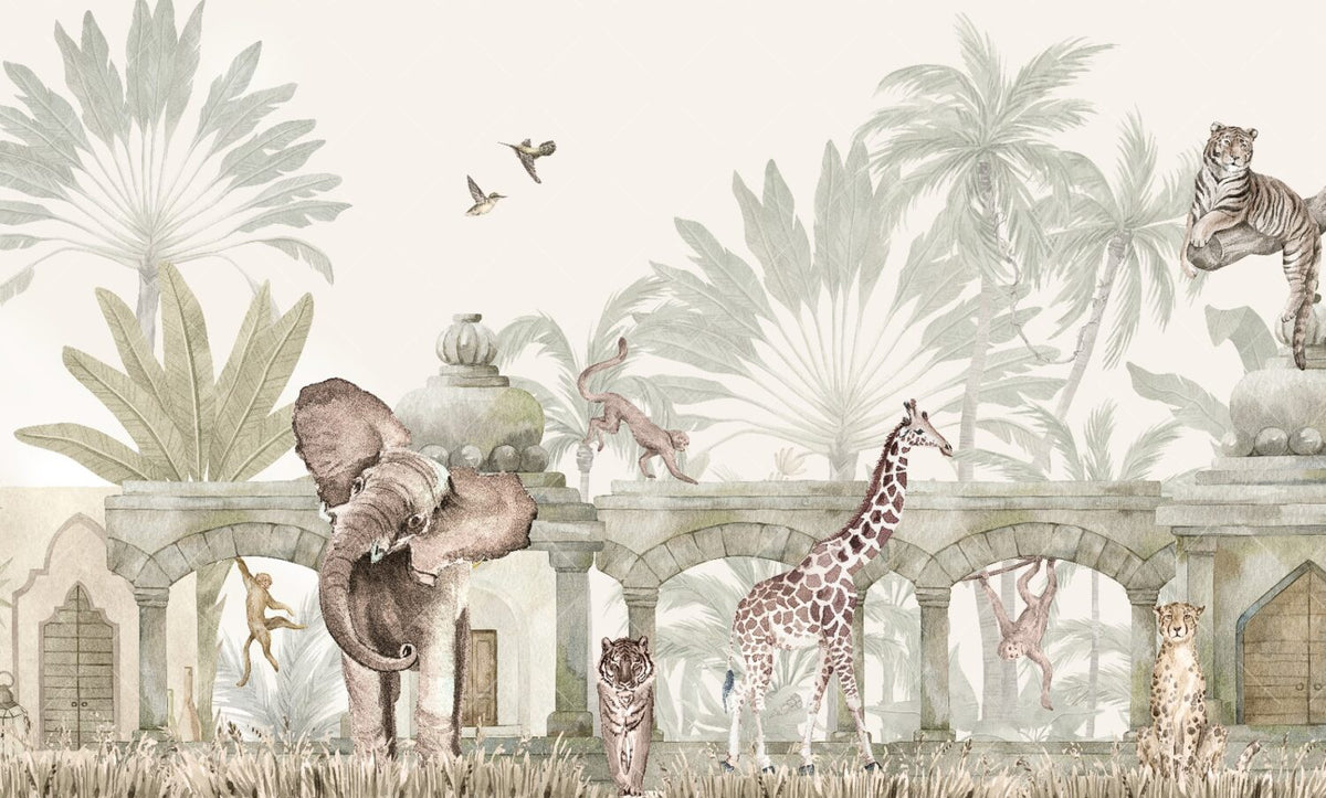 Ancient Ruins Safari Wallpaper : Soft Jungle Animal Mural - View 2