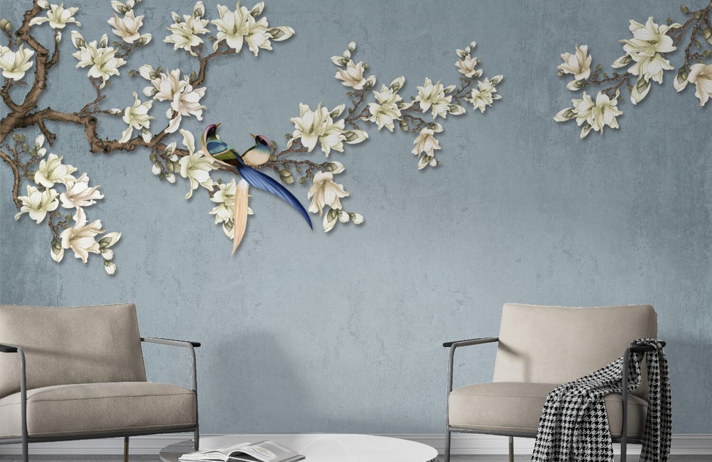 Magnolia Branch Birds Wallpaper : Blue Textured Floral Mural - View 3